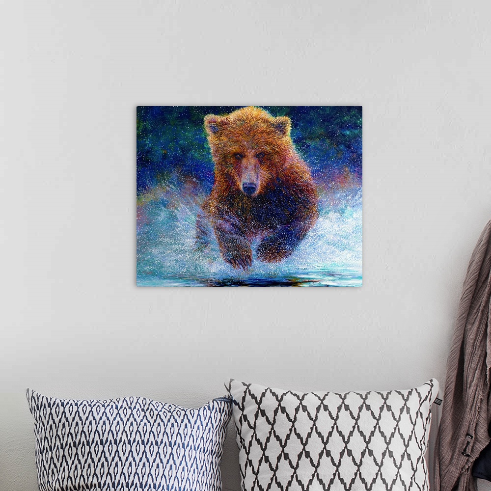 A bohemian room featuring Brightly colored contemporary artwork of a bear running through water.
