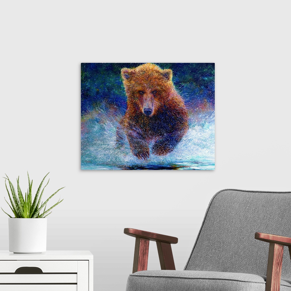 A modern room featuring Brightly colored contemporary artwork of a bear running through water.