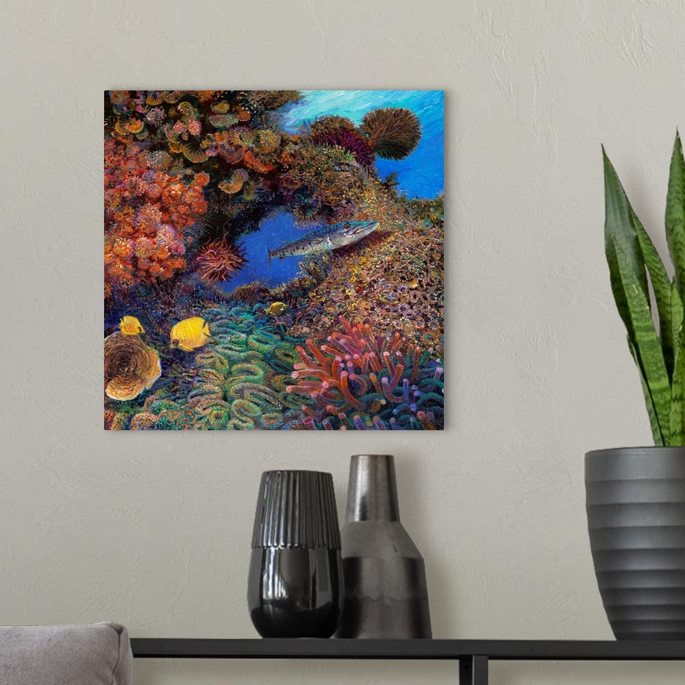 A modern room featuring Brightly colored contemporary artwork of a barracuda swimming through coral.