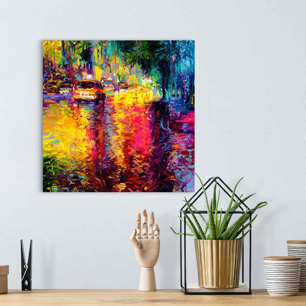 A bohemian room featuring Brightly colored contemporary artwork of a colorful abstract of a taxi on a city street.
