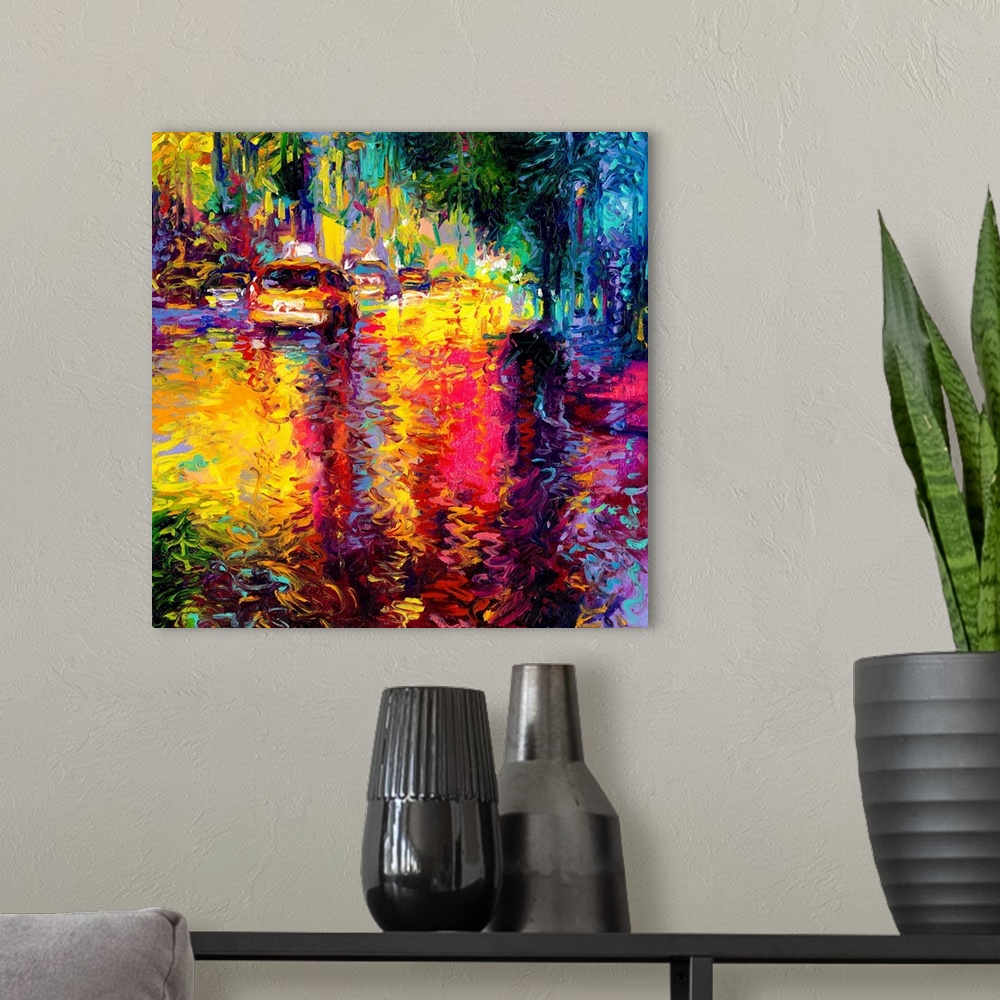 A modern room featuring Brightly colored contemporary artwork of a colorful abstract of a taxi on a city street.