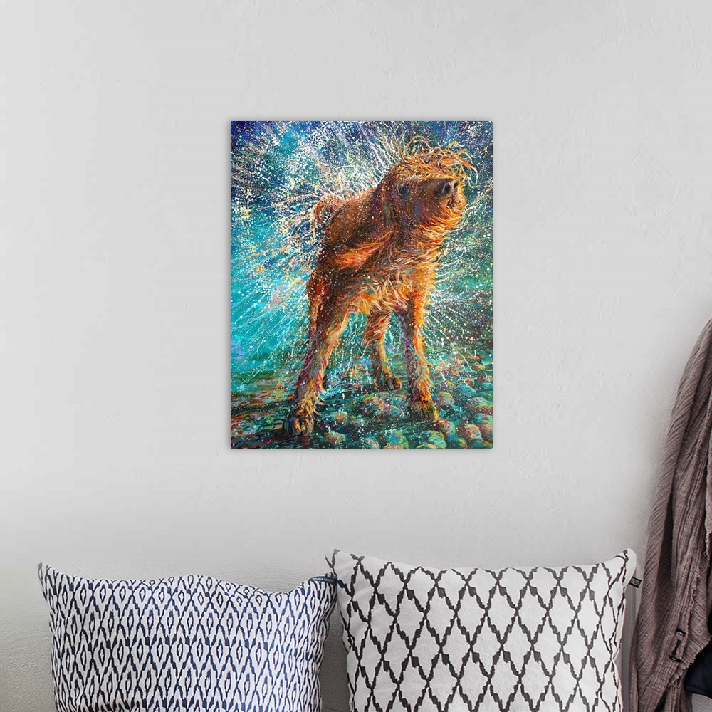 A bohemian room featuring Brightly colored contemporary artwork of a dog shaking water off.