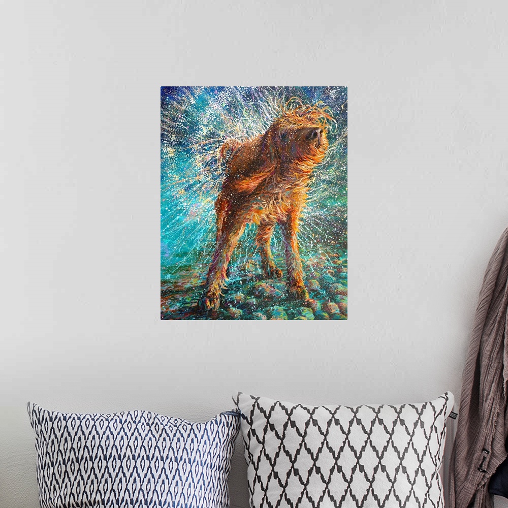A bohemian room featuring Brightly colored contemporary artwork of a dog shaking water off.