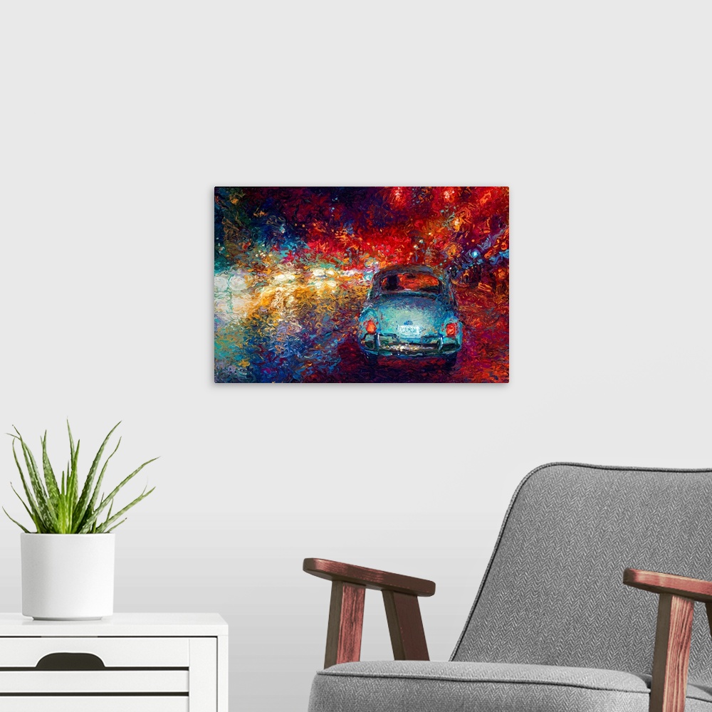 A modern room featuring Brightly colored contemporary artwork of a blue car driving at night.