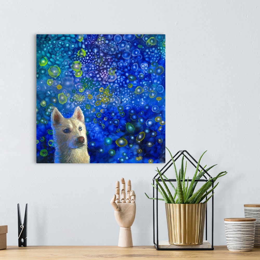 A bohemian room featuring Brightly colored contemporary artwork of a white dog with blue background.