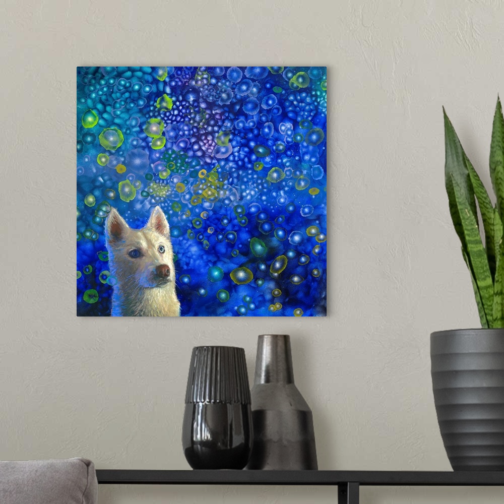 A modern room featuring Brightly colored contemporary artwork of a white dog with blue background.
