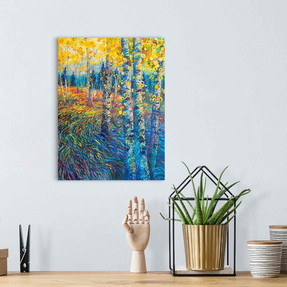 A bohemian room featuring Brightly colored contemporary artwork of a colorful tree landscape.