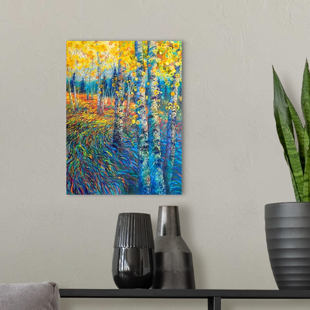 A modern room featuring Brightly colored contemporary artwork of a colorful tree landscape.