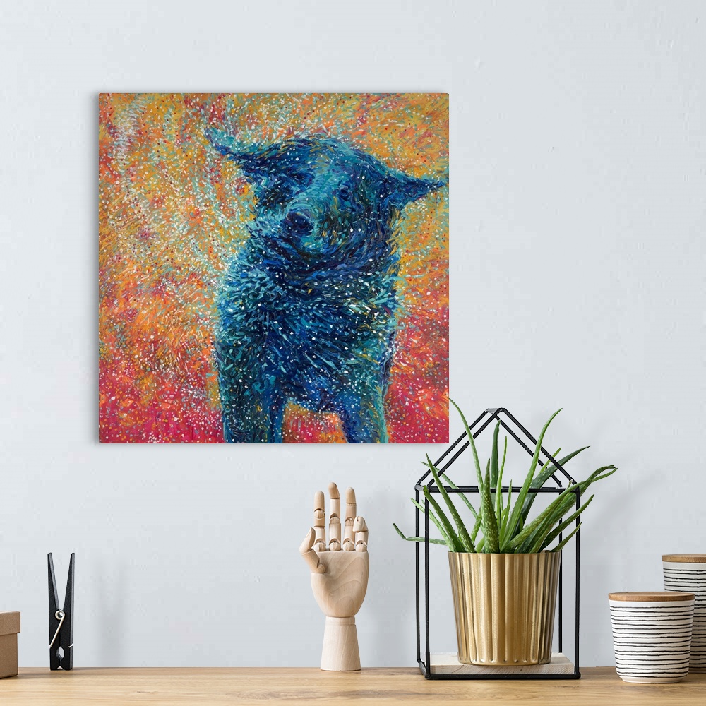 A bohemian room featuring Brightly colored contemporary artwork of a big dog shaking off water.