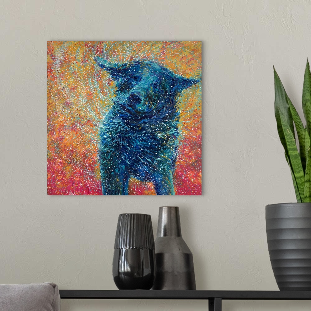 A modern room featuring Brightly colored contemporary artwork of a big dog shaking off water.