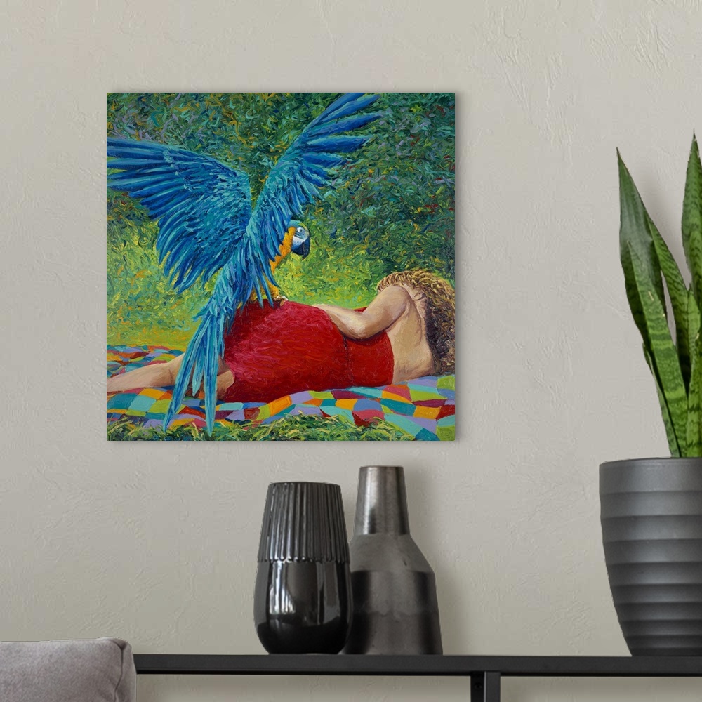 A modern room featuring Brightly colored contemporary artwork of a parrot resting on woman.