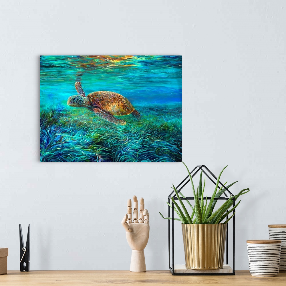 A bohemian room featuring Brightly colored contemporary artwork of a turtle swimming in the ocean.