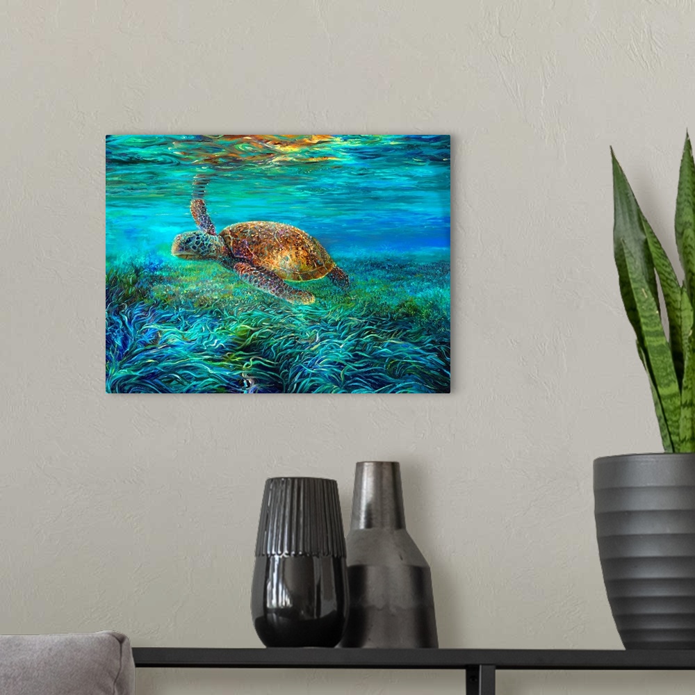 A modern room featuring Brightly colored contemporary artwork of a turtle swimming in the ocean.
