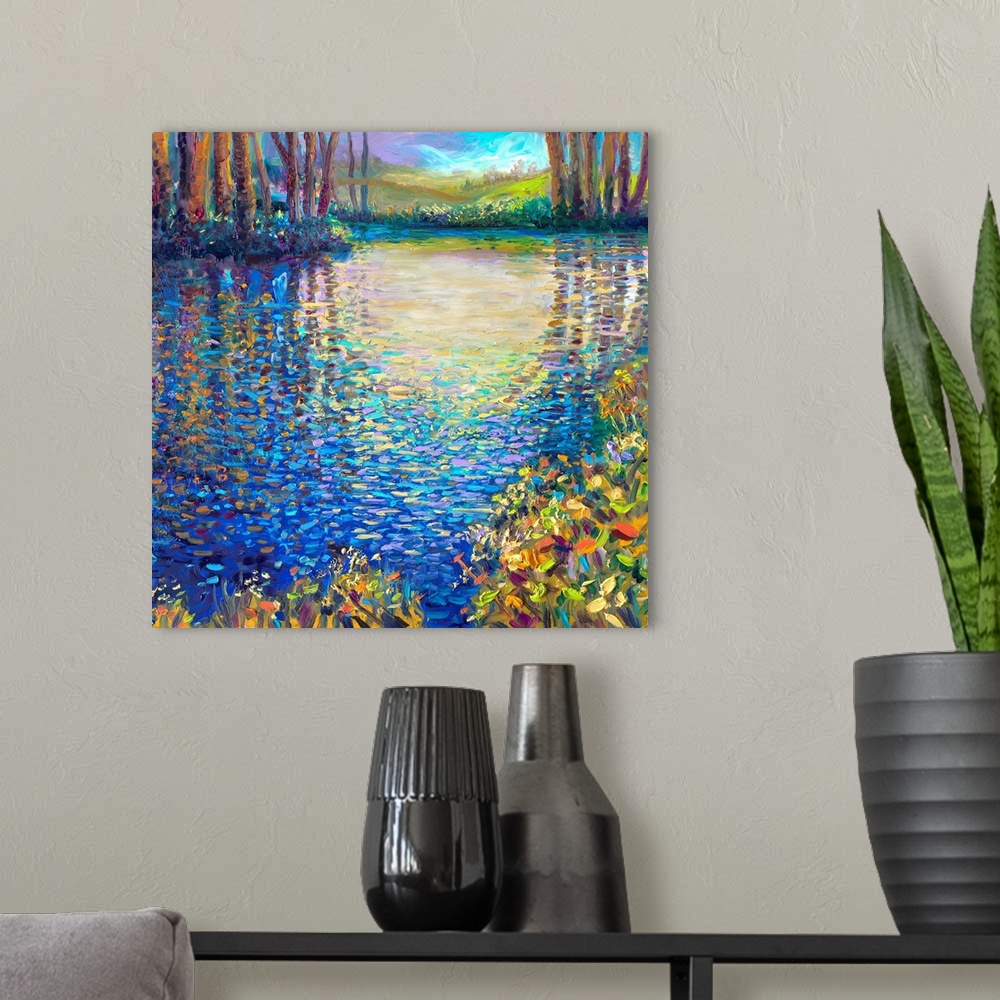 A modern room featuring Brightly colored contemporary artwork of a landscape with a pond.