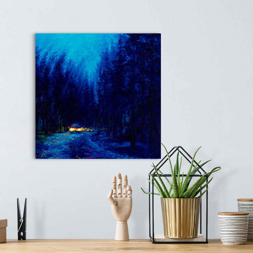 A bohemian room featuring Brightly colored contemporary artwork of a road in redwoods at night.