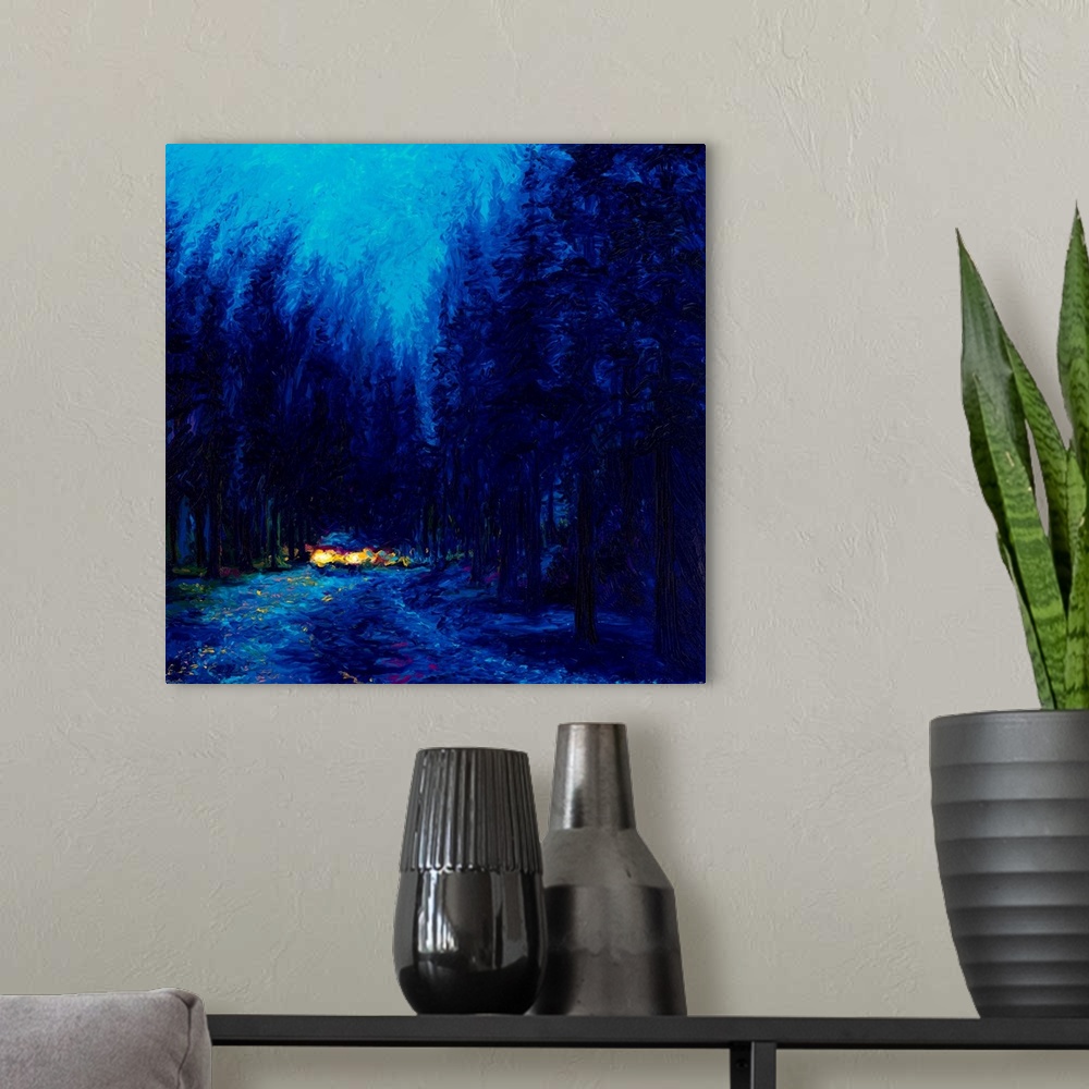 A modern room featuring Brightly colored contemporary artwork of a road in redwoods at night.