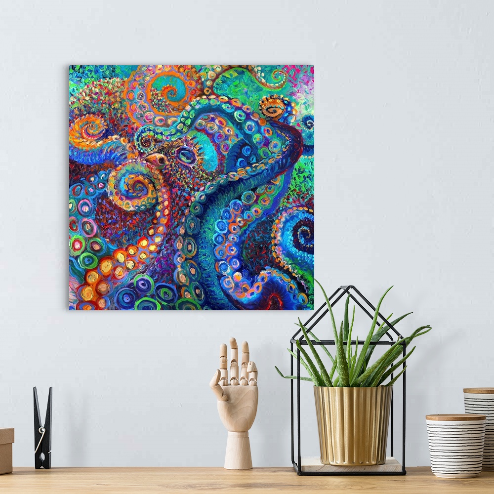 A bohemian room featuring Brightly colored contemporary artwork of a colorful octopus.