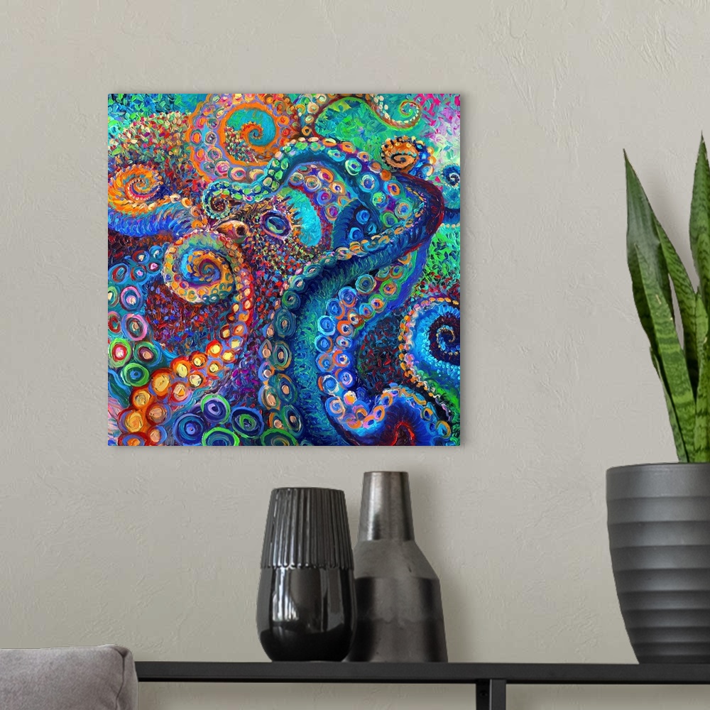 A modern room featuring Brightly colored contemporary artwork of a colorful octopus.