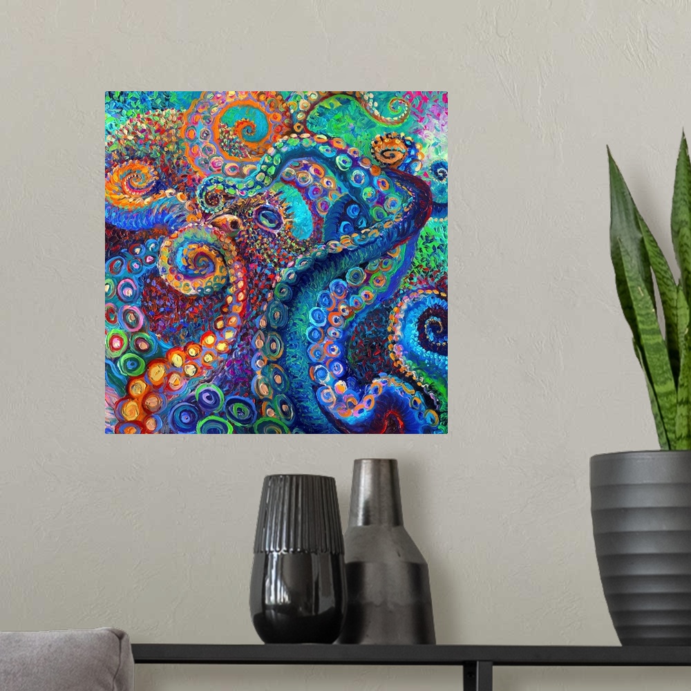A modern room featuring Brightly colored contemporary artwork of a colorful octopus.