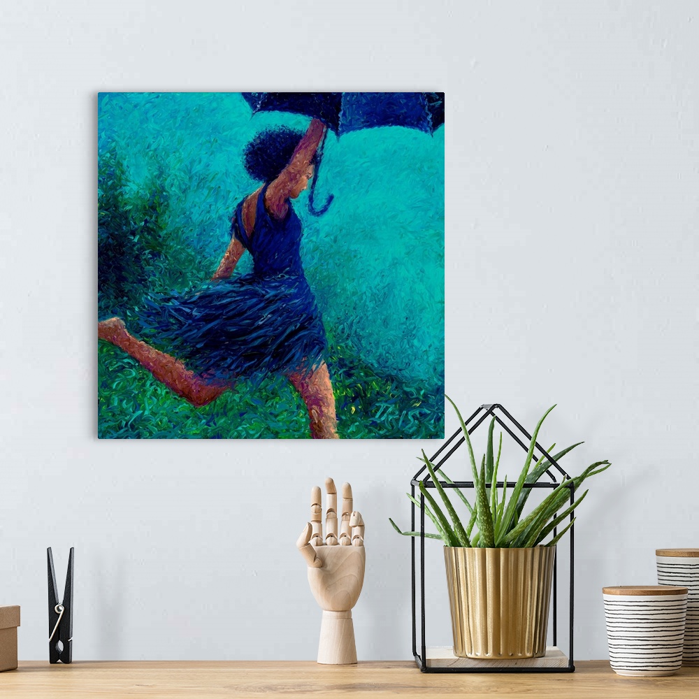 A bohemian room featuring Brightly colored contemporary artwork of a woman running in the rain.