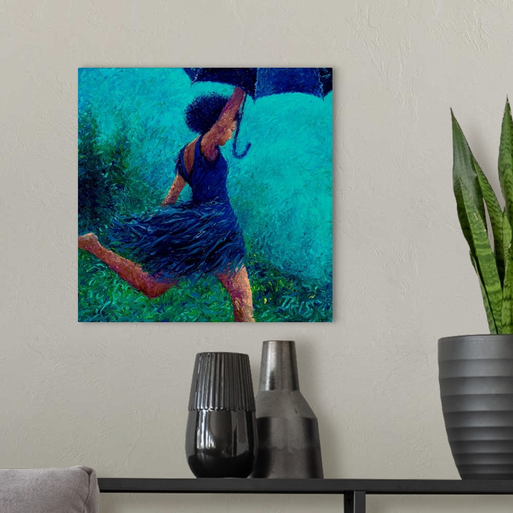 A modern room featuring Brightly colored contemporary artwork of a woman running in the rain.