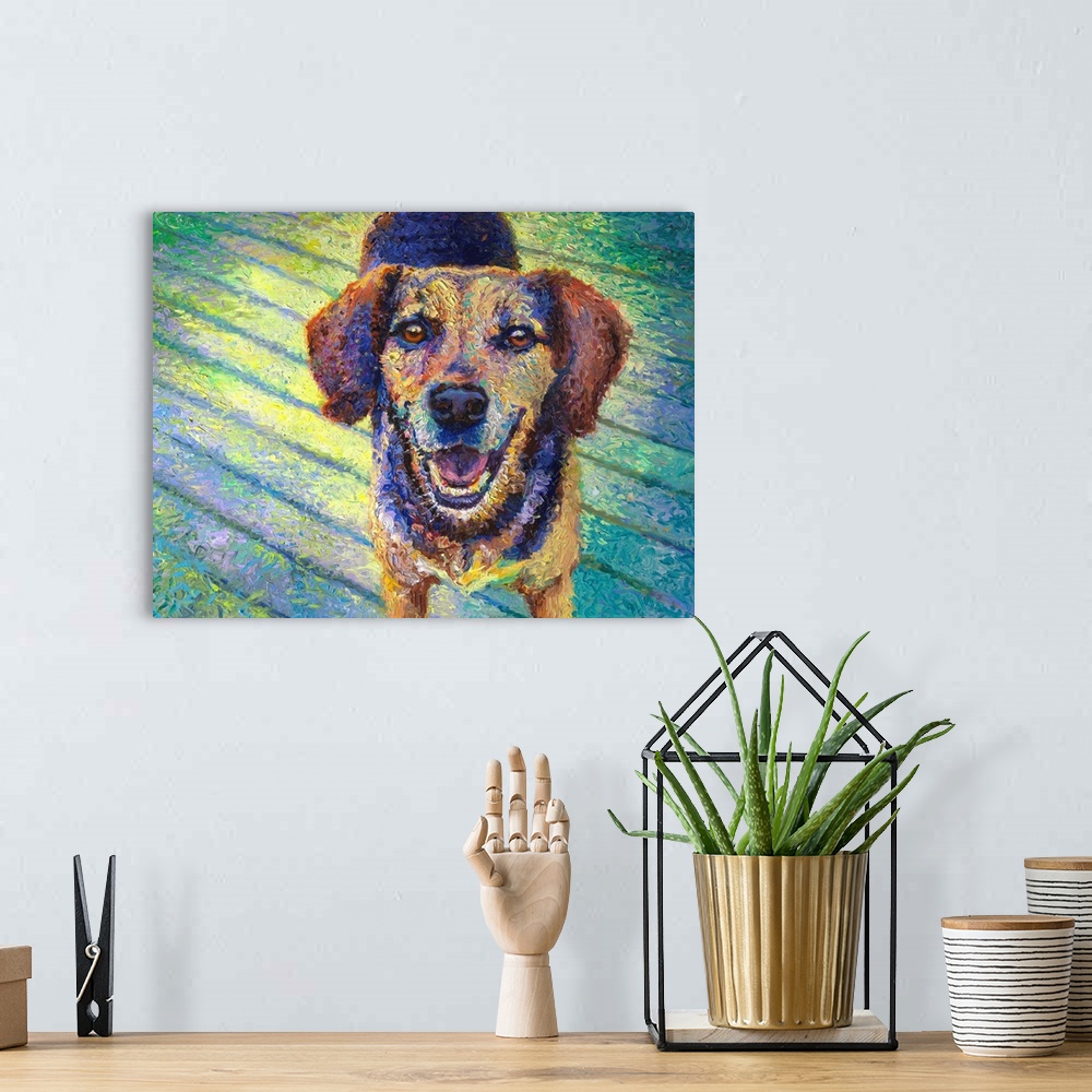 A bohemian room featuring Brightly colored contemporary artwork of a happy dog.