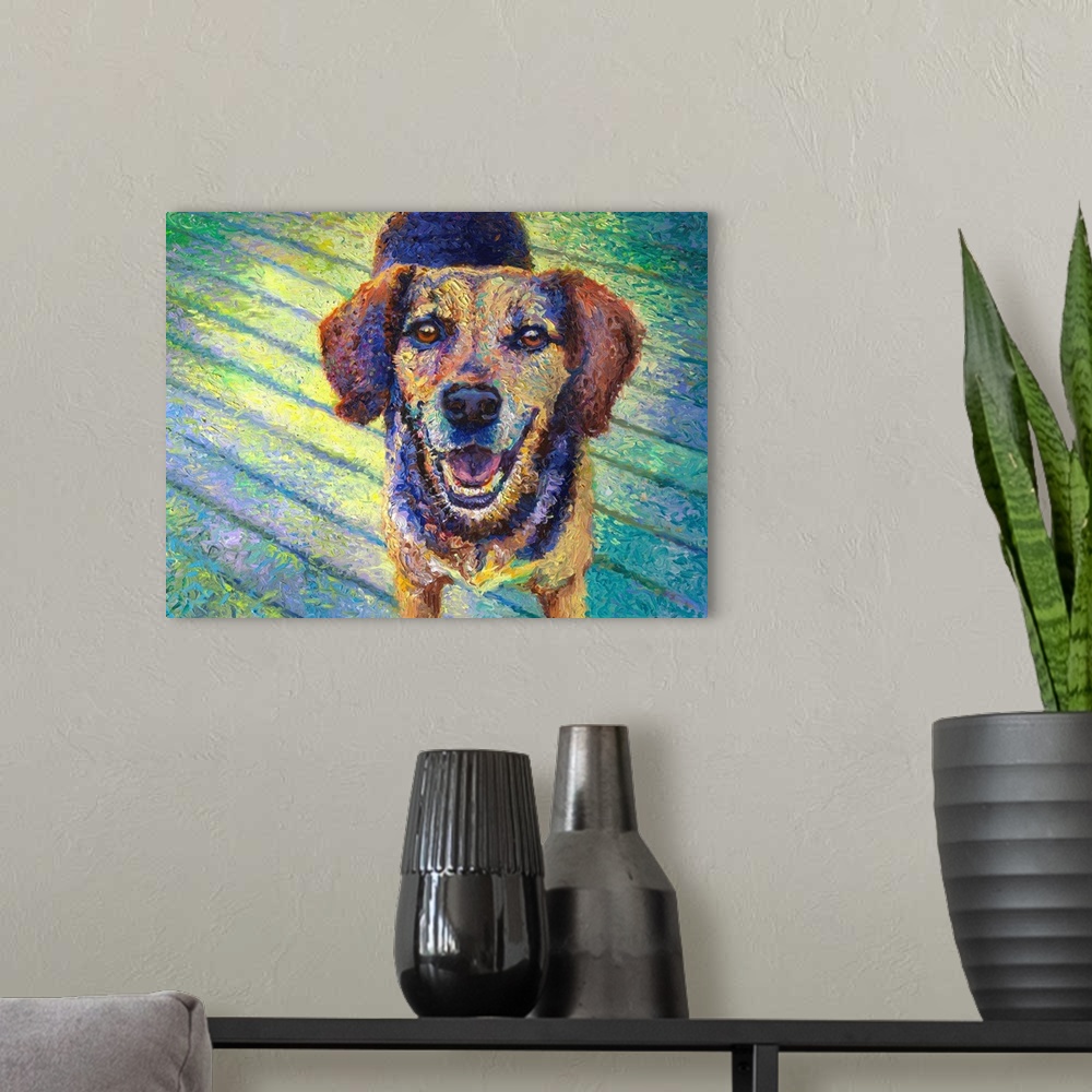 A modern room featuring Brightly colored contemporary artwork of a happy dog.
