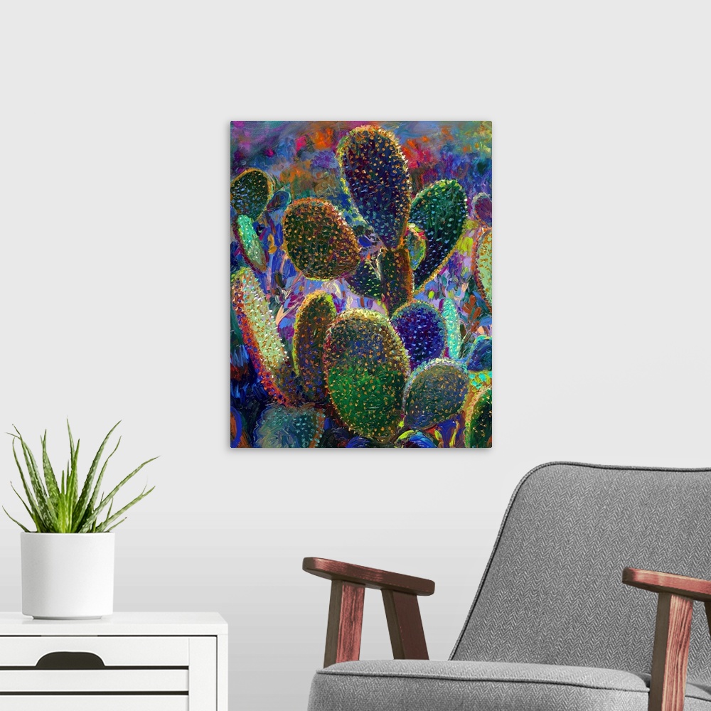 A modern room featuring Brightly colored contemporary artwork of a field of colorful cacti.