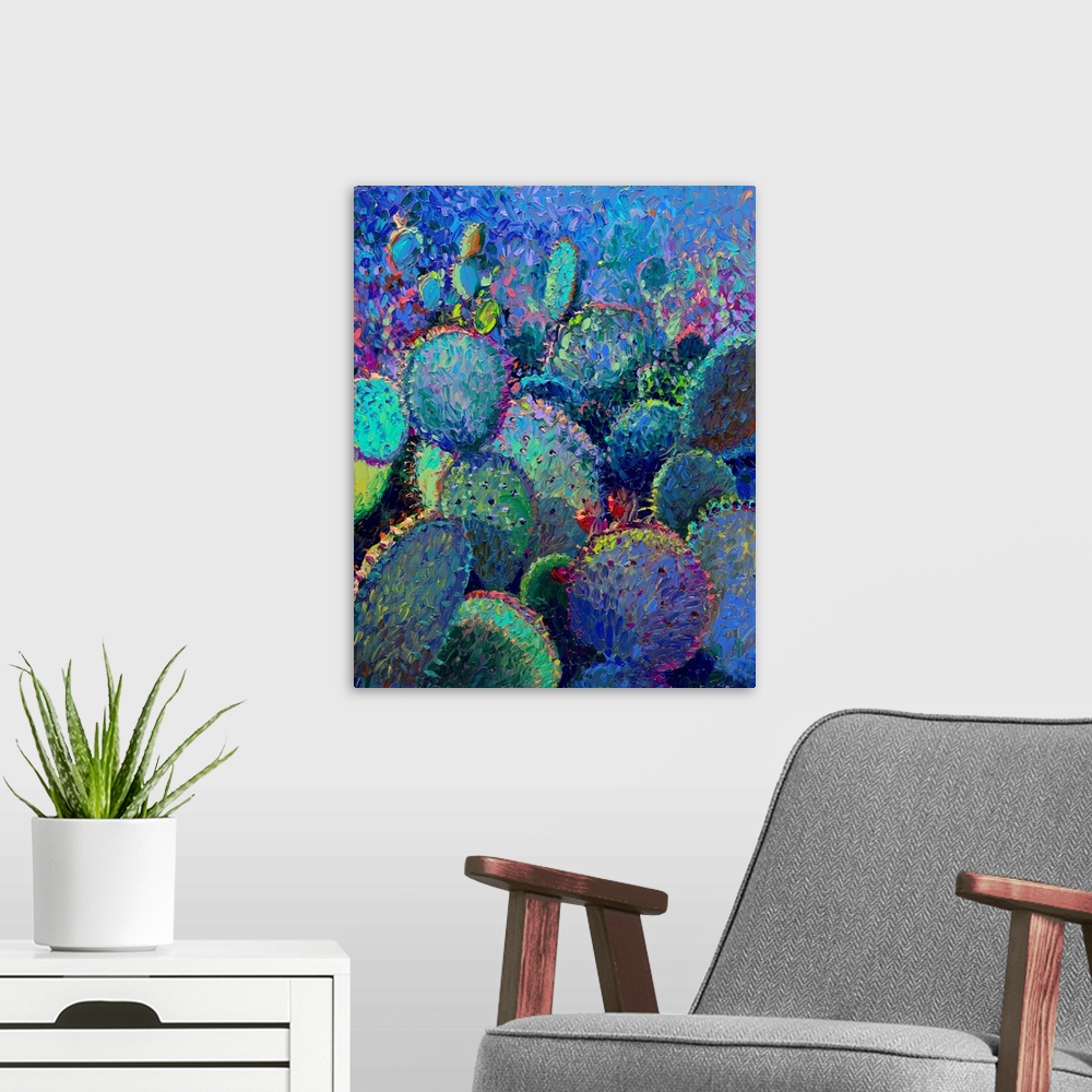 A modern room featuring Brightly colored contemporary artwork of a field of colorful cacti.