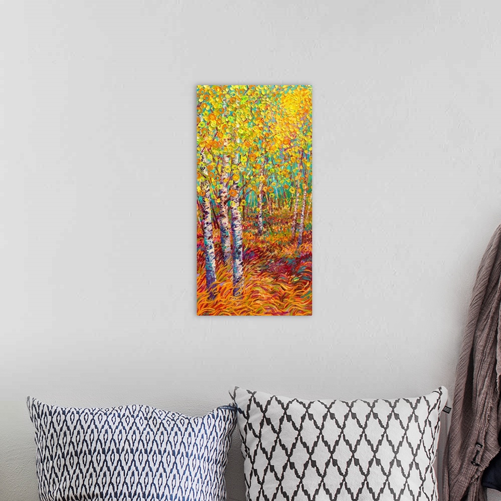 A bohemian room featuring Brightly colored contemporary artwork of a landscape painting of trees.