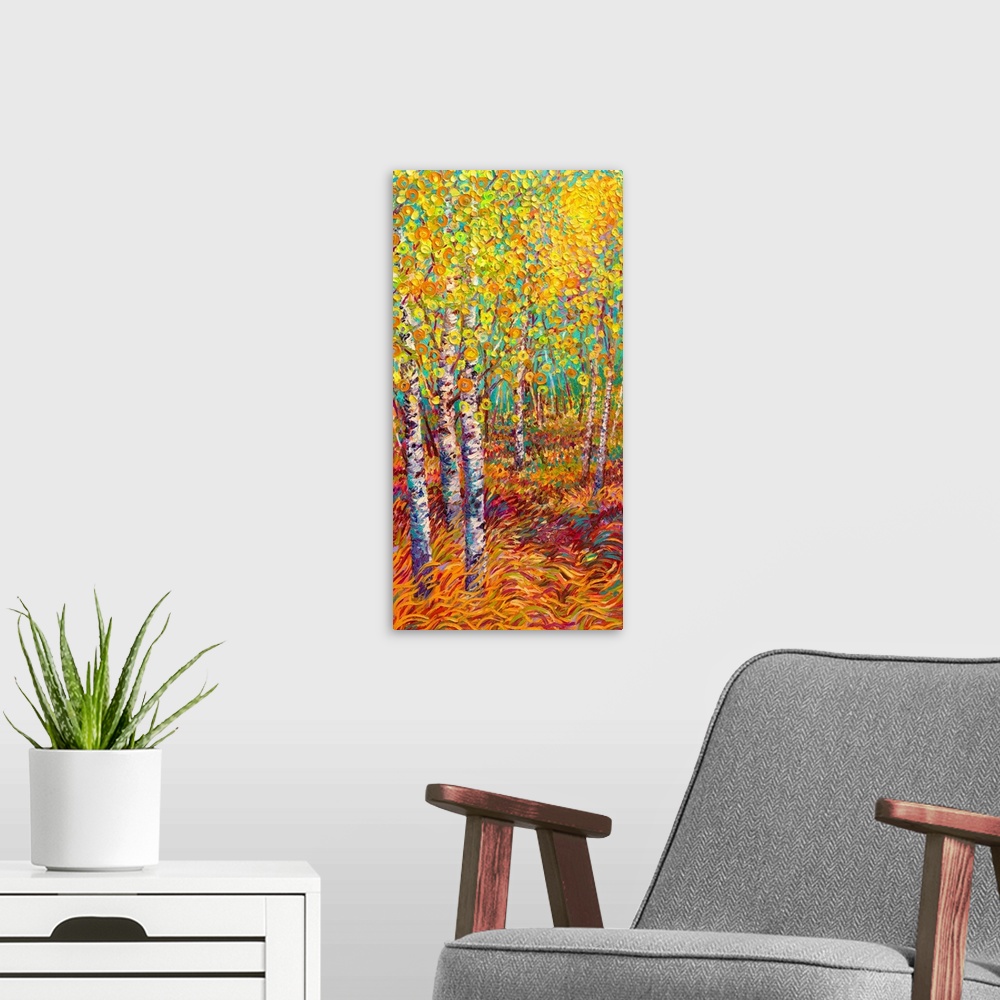 A modern room featuring Brightly colored contemporary artwork of a landscape painting of trees.