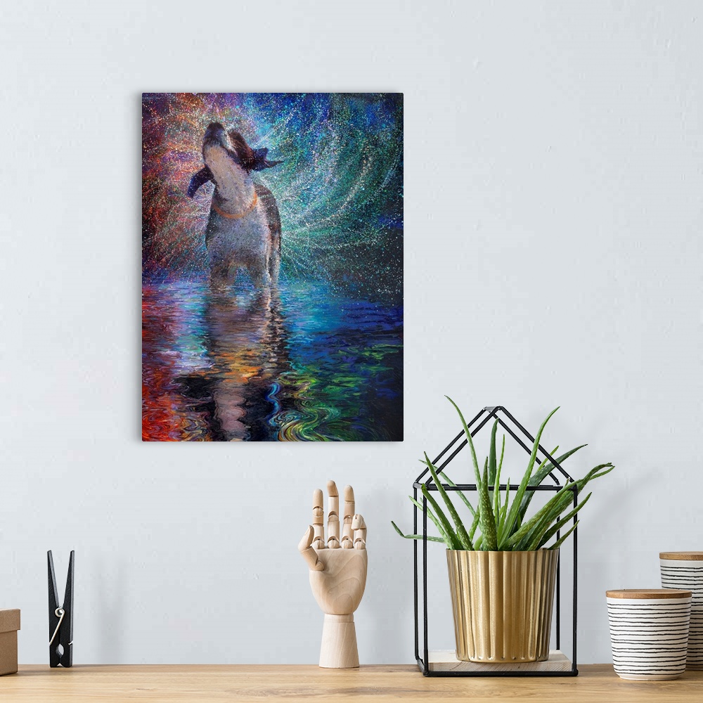 A bohemian room featuring Brightly colored contemporary artwork of a dog shaking off water with reflection.