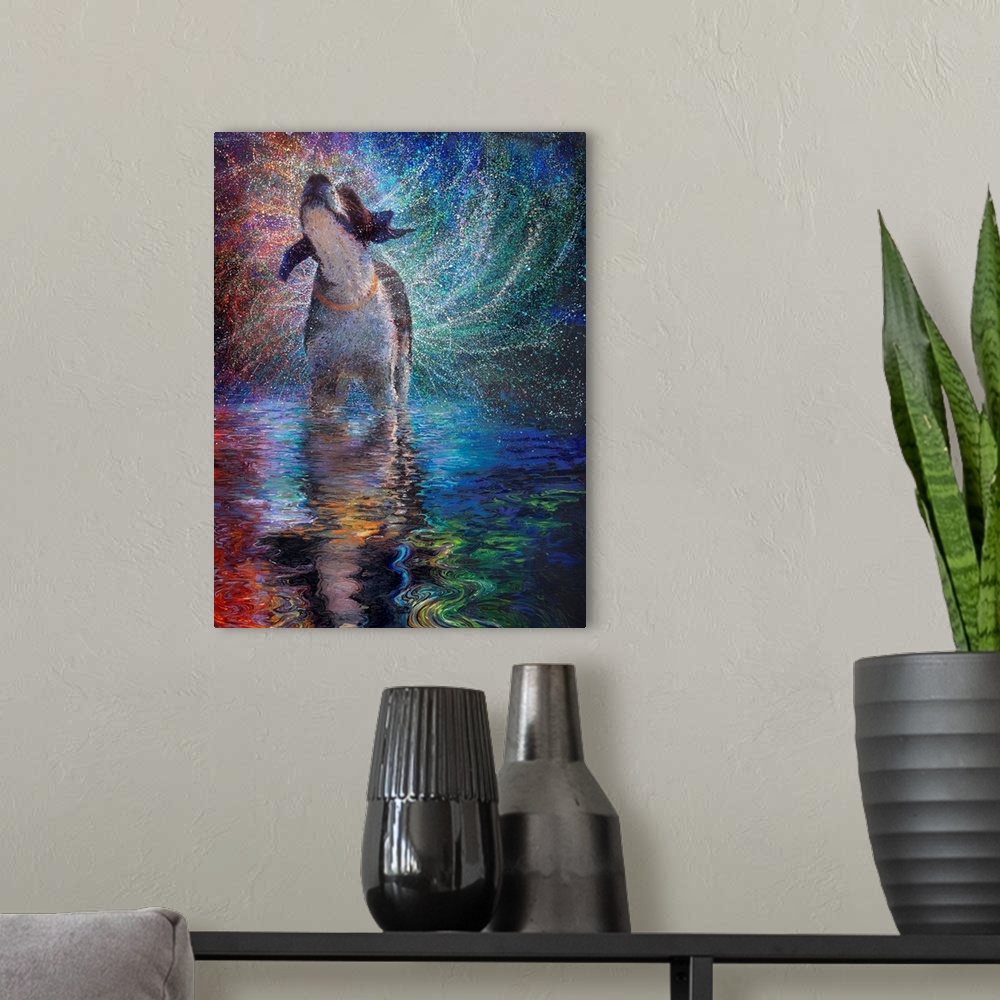 A modern room featuring Brightly colored contemporary artwork of a dog shaking off water with reflection.