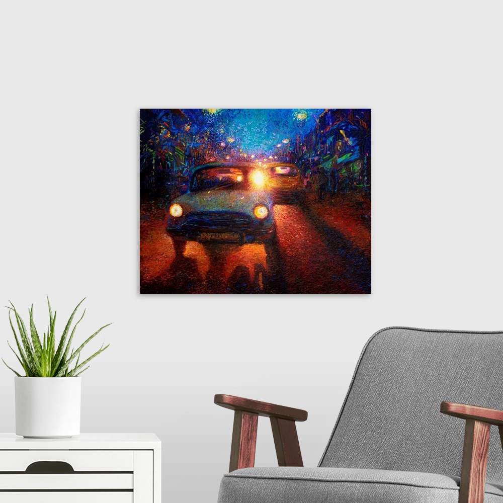 A modern room featuring Brightly colored contemporary artwork of cars on a city street at night.