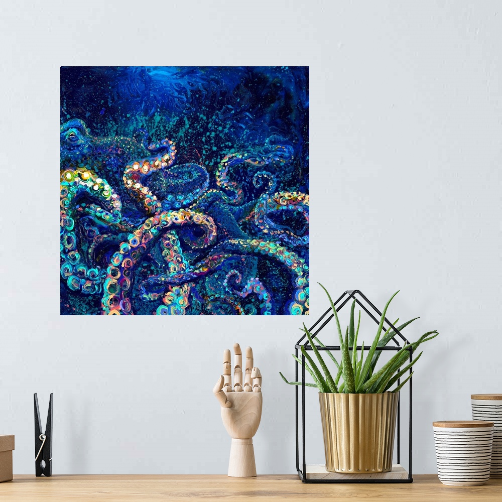 A bohemian room featuring Brightly colored contemporary artwork of a cool-toned octopus.