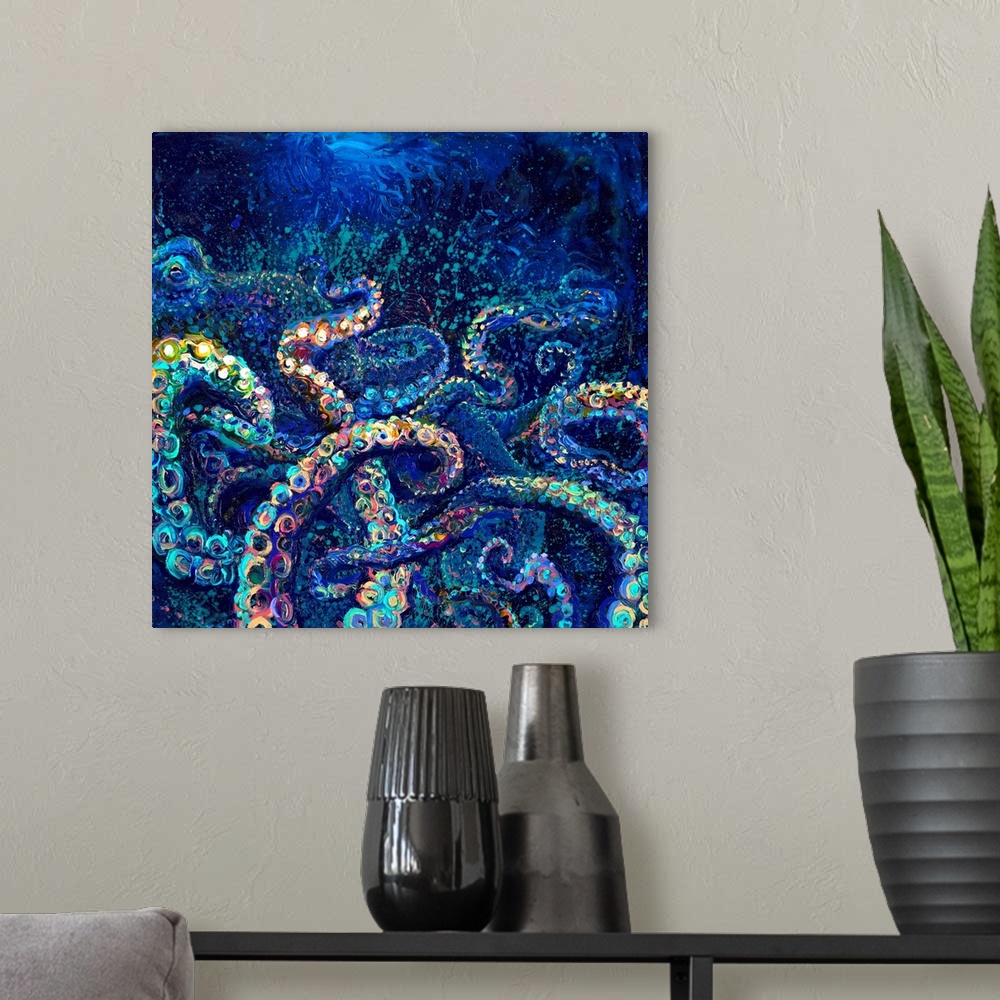 A modern room featuring Brightly colored contemporary artwork of a cool-toned octopus.
