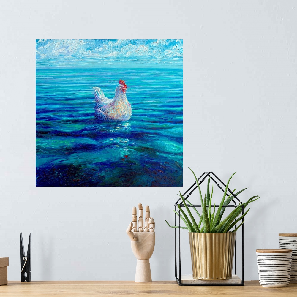 A bohemian room featuring Brightly colored contemporary artwork of a chicken out at sea.