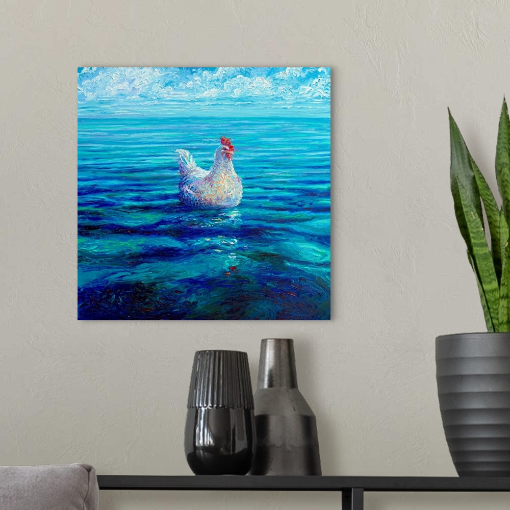 A modern room featuring Brightly colored contemporary artwork of a chicken out at sea.