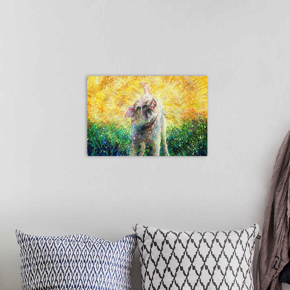 A bohemian room featuring Brightly colored contemporary artwork of a small dog shaking off water.