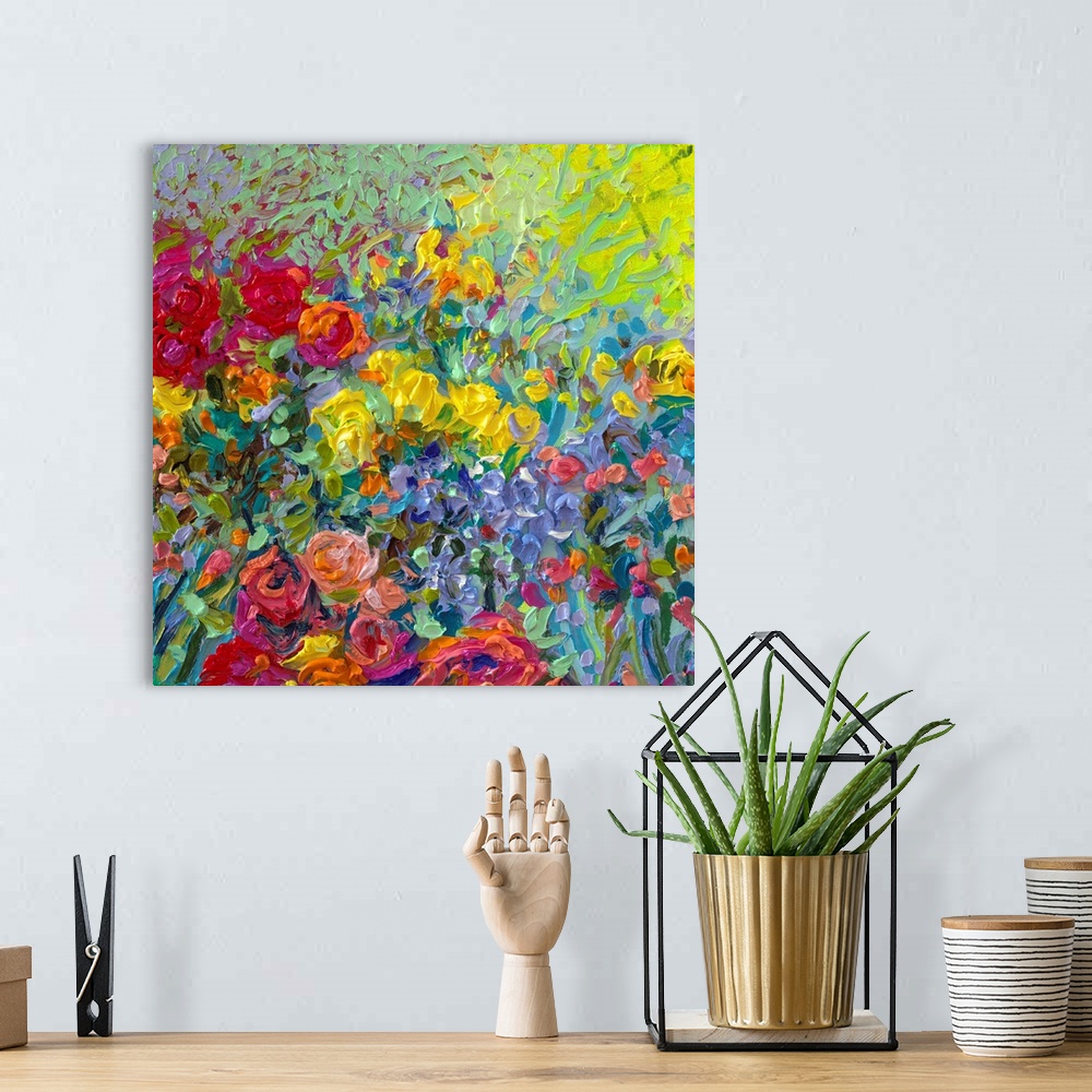 A bohemian room featuring Brightly colored contemporary artwork of a field of flowers.