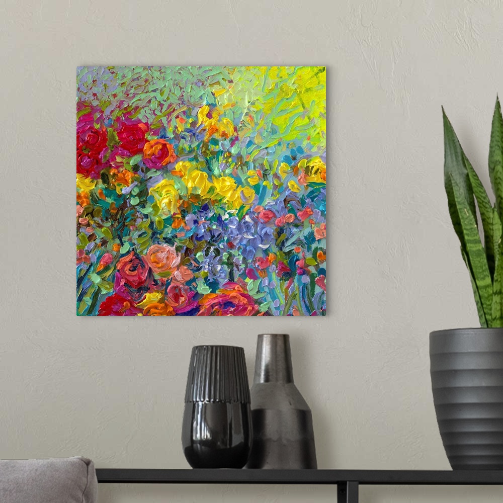 A modern room featuring Brightly colored contemporary artwork of a field of flowers.