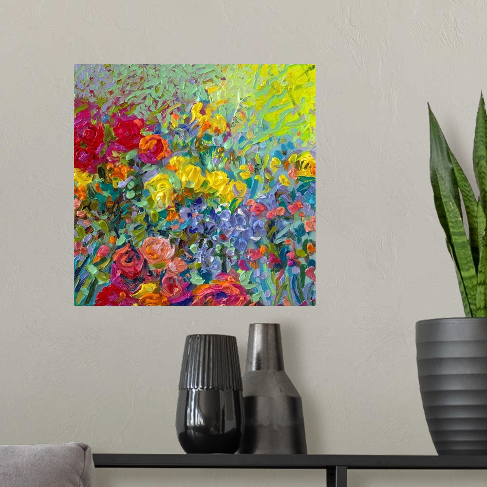 A modern room featuring Brightly colored contemporary artwork of a field of flowers.