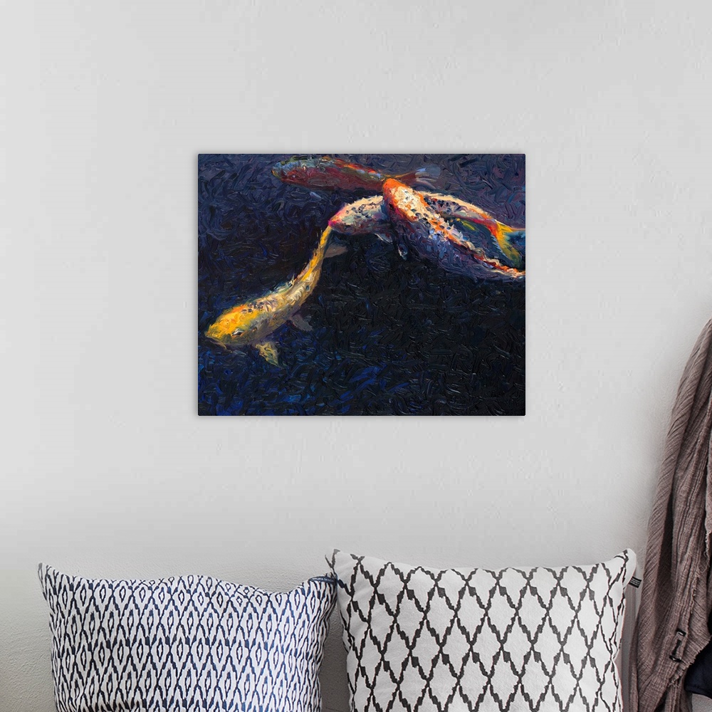 A bohemian room featuring Brightly colored contemporary artwork of fish swimming in dark water.
