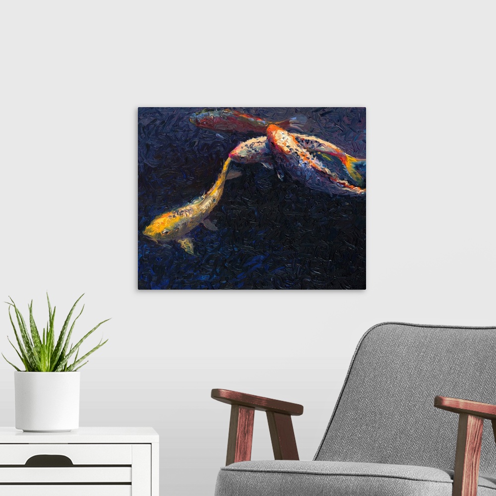A modern room featuring Brightly colored contemporary artwork of fish swimming in dark water.