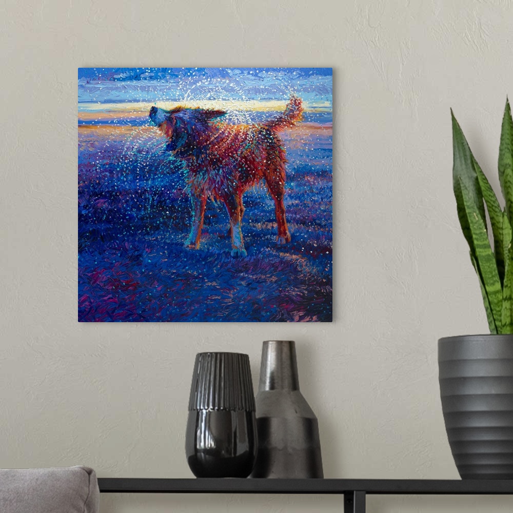 A modern room featuring Brightly colored contemporary artwork of a dog shaking off water in a field.
