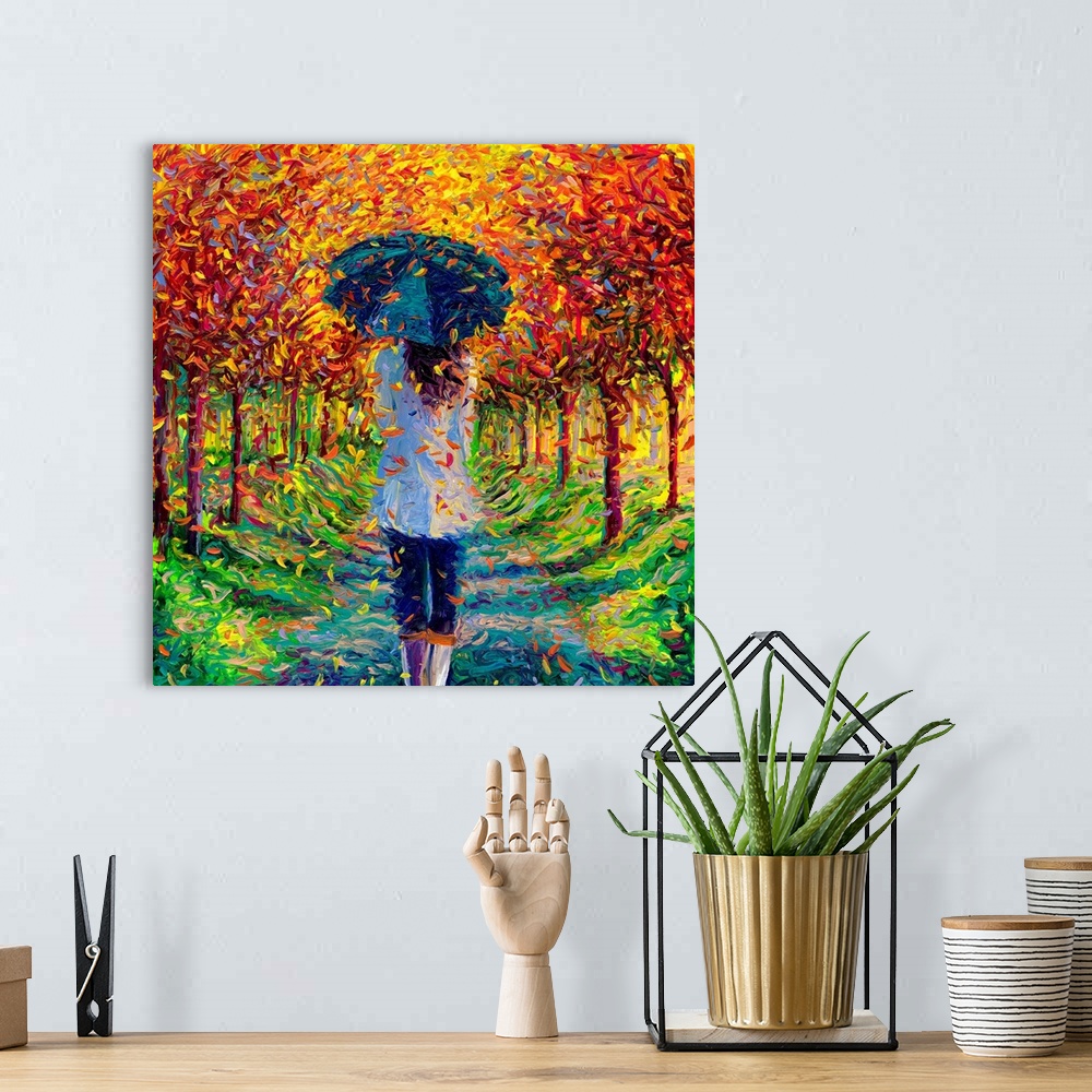 A bohemian room featuring Brightly colored contemporary artwork of a woman walking through trees.