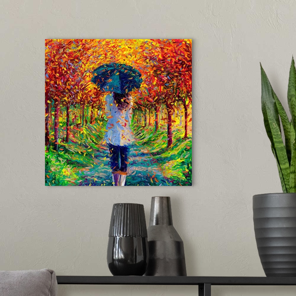 A modern room featuring Brightly colored contemporary artwork of a woman walking through trees.