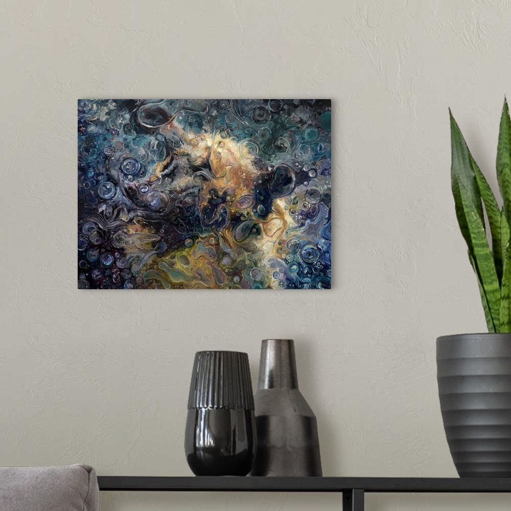 A modern room featuring Brightly colored contemporary artwork of an abstract painting of a dog.