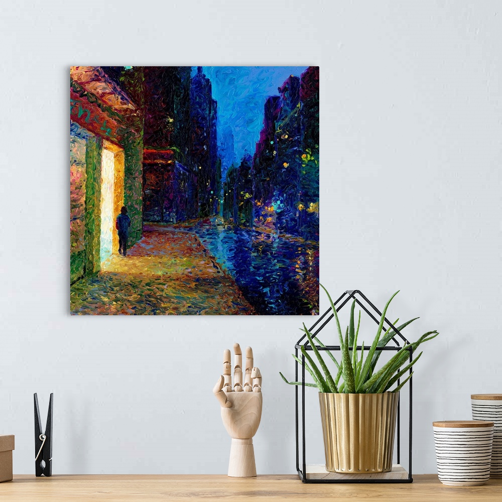 A bohemian room featuring Brightly colored contemporary artwork of a man walking along a city street.