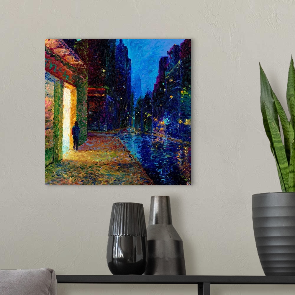 A modern room featuring Brightly colored contemporary artwork of a man walking along a city street.